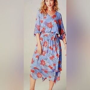 J Jill Sz S  Tropical Floral Blue Dipped Hem V Neck Belted Dress W/pockets